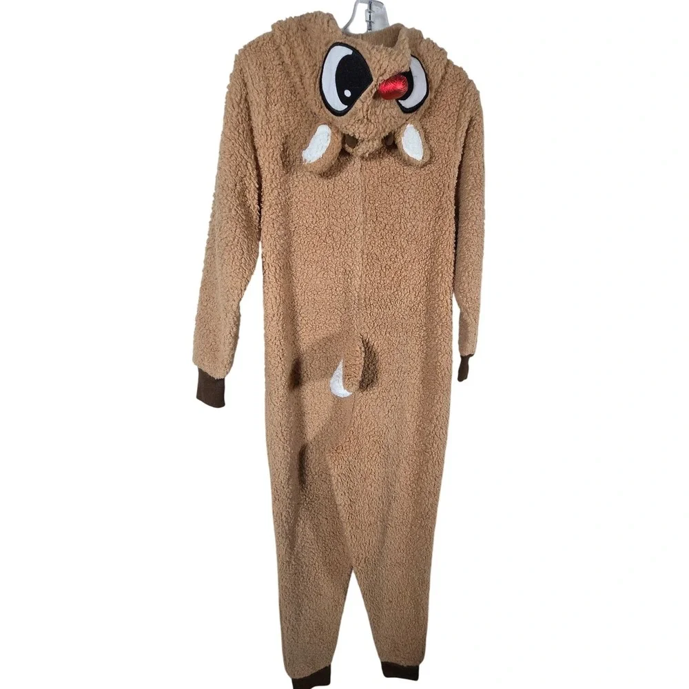 Rudolph the Red Nose Reindeer Sherpa Fleece Hooded Zip-Up Pajamas Medium‎